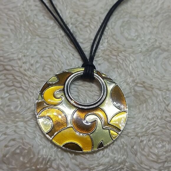 Lia Sophia Necklace Round Circle Brown Gold Silver Black String Necklace - Picture 2 of 9